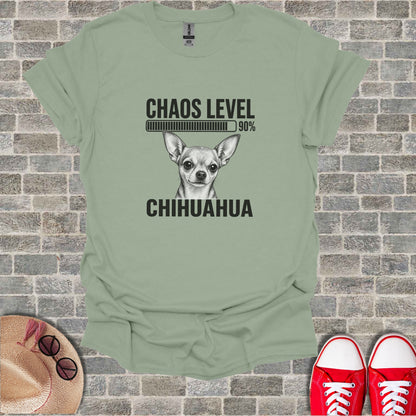 T-shirt with Chihuahua illustration, "Chaos Level 90%" text and progress bar.