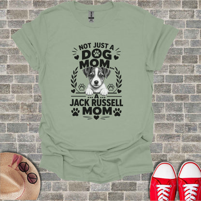 Light green t-shirt with "Not Just a Dog Mom... a Jack Russell Mom" text and dog illustration.
