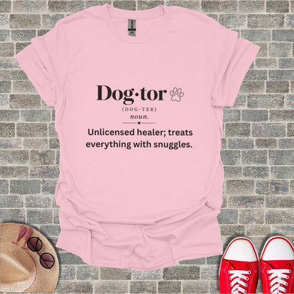 Pink t-shirt with "Dog-tor" definition and paw print.