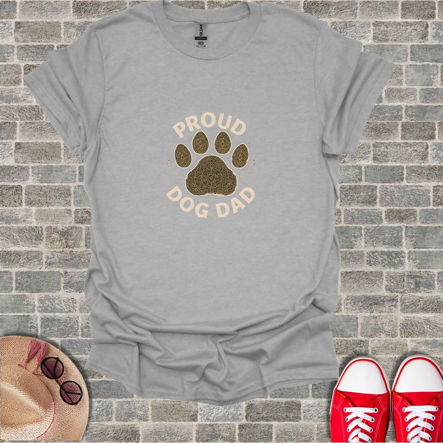 Gray t-shirt with "Proud Dog Dad" text and paw print graphic.