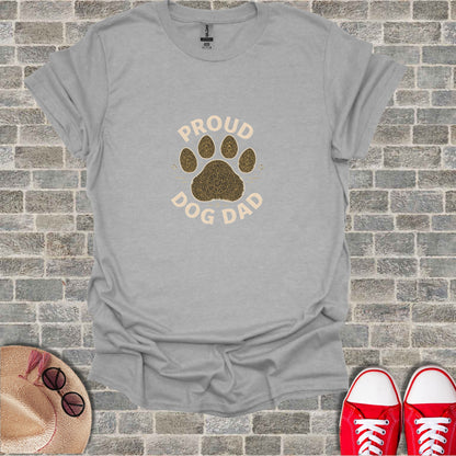 Gray t-shirt with "Proud Dog Dad" text and paw print graphic.