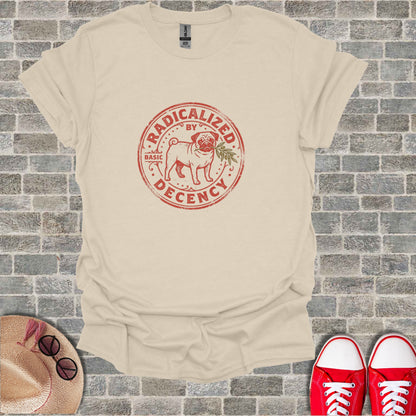 Cream t-shirt with "Radicalized by Decency" circular logo.