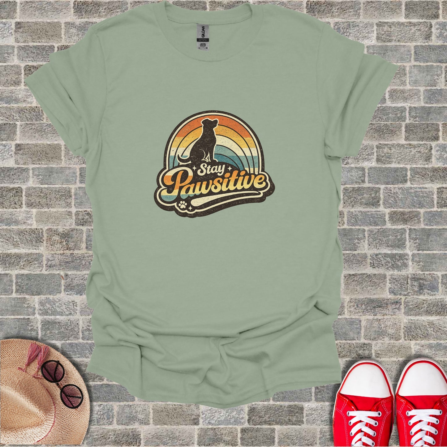 Stay Pawsitive Retro Rainbow Dog Graphic Design product type