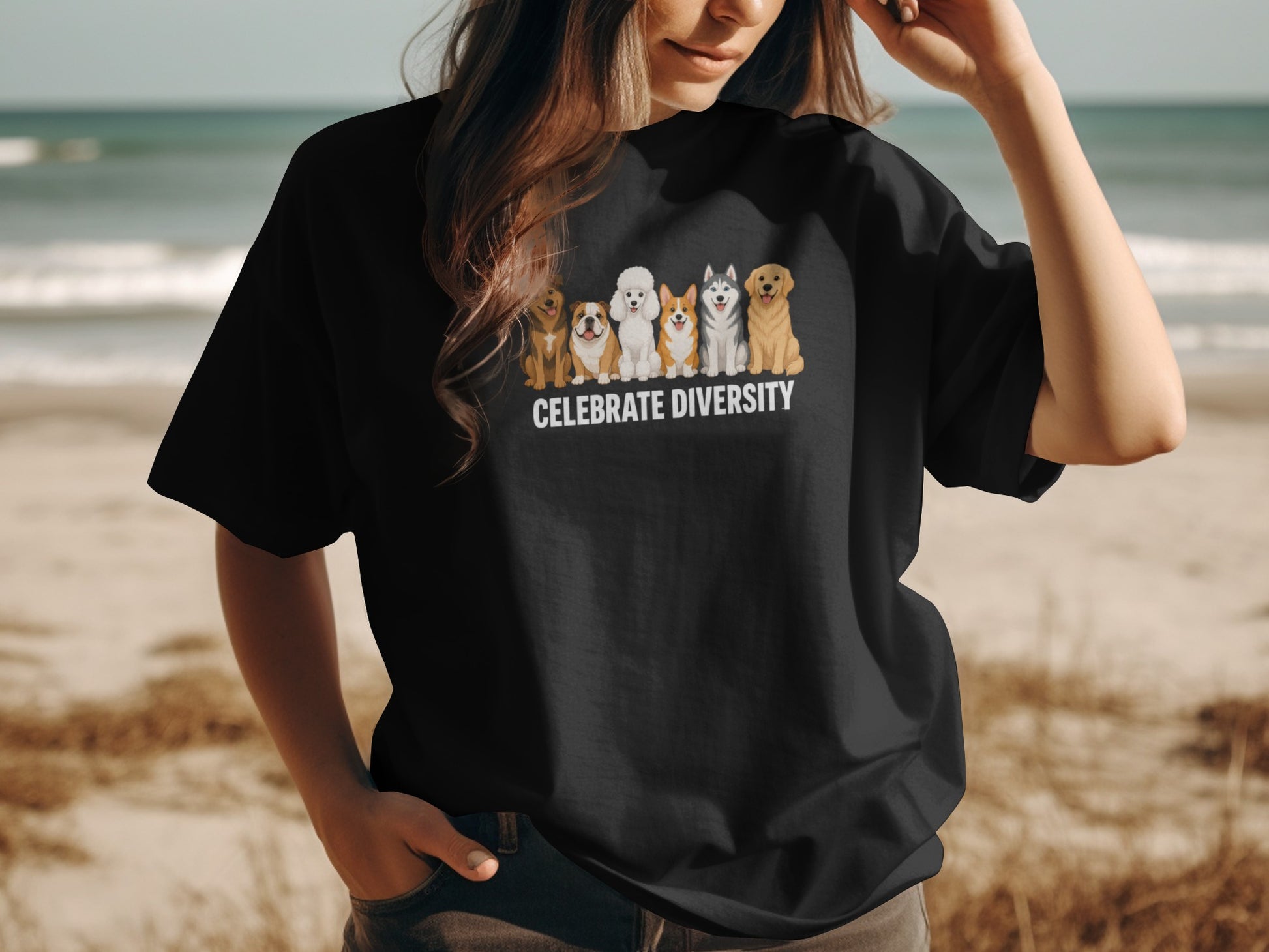 Black t-shirt with "CELEBRATE DIVERSITY" and cartoon dogs.