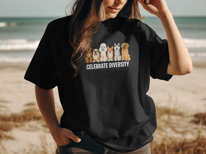 Black t-shirt with "CELEBRATE DIVERSITY" and cartoon dogs.