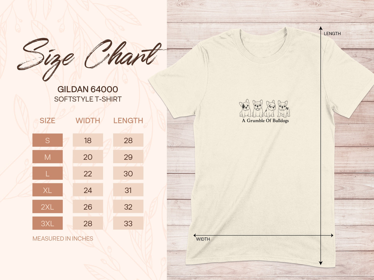 Gildan 64000 softstyle t-shirt size chart with measurements and bulldog graphic.