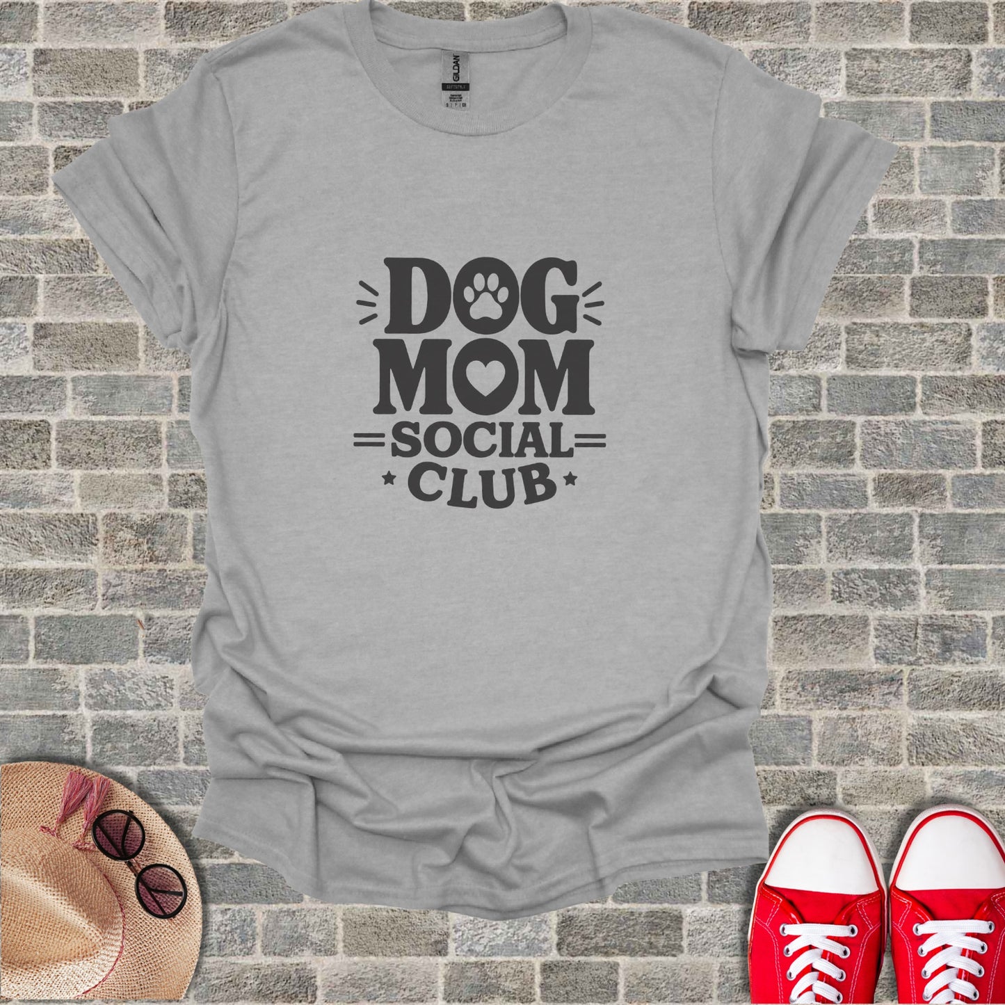 Gray t-shirt with "Dog Mom Social Club" text and dog paw print.