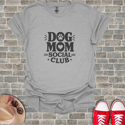 Gray t-shirt with "Dog Mom Social Club" text and dog paw print.