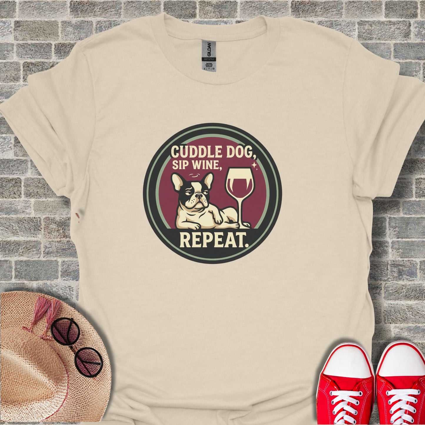 Cuddle Dog Sip Wine Repeat Graphic Tee Shirt