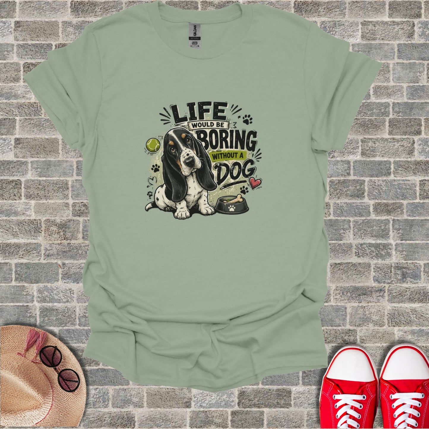 Basset hound sitting by food bowl with text "Life would be boring without a dog."
