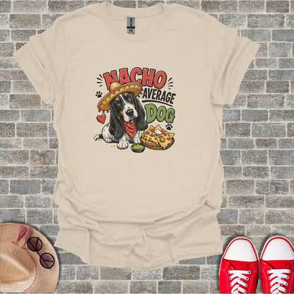 T-shirt with dog wearing a sombrero and bandana, holding nachos.