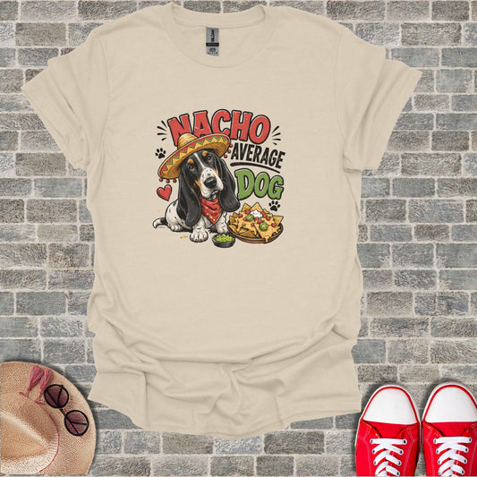 T-shirt with dog wearing a sombrero and bandana, holding nachos.