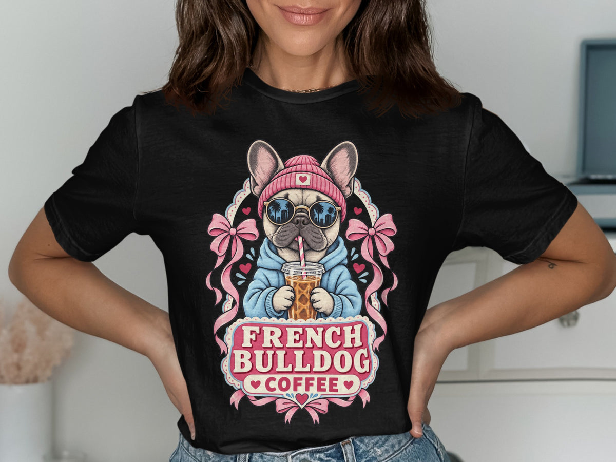 French Bulldog wearing a beanie and sunglasses drinks coffee, text reads "French Bulldog Coffee".
