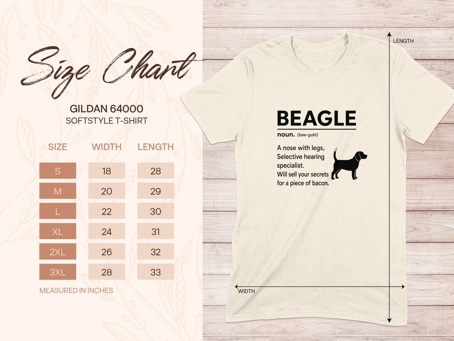 Gildan 64000 size chart for Beagle t-shirt with measurements.