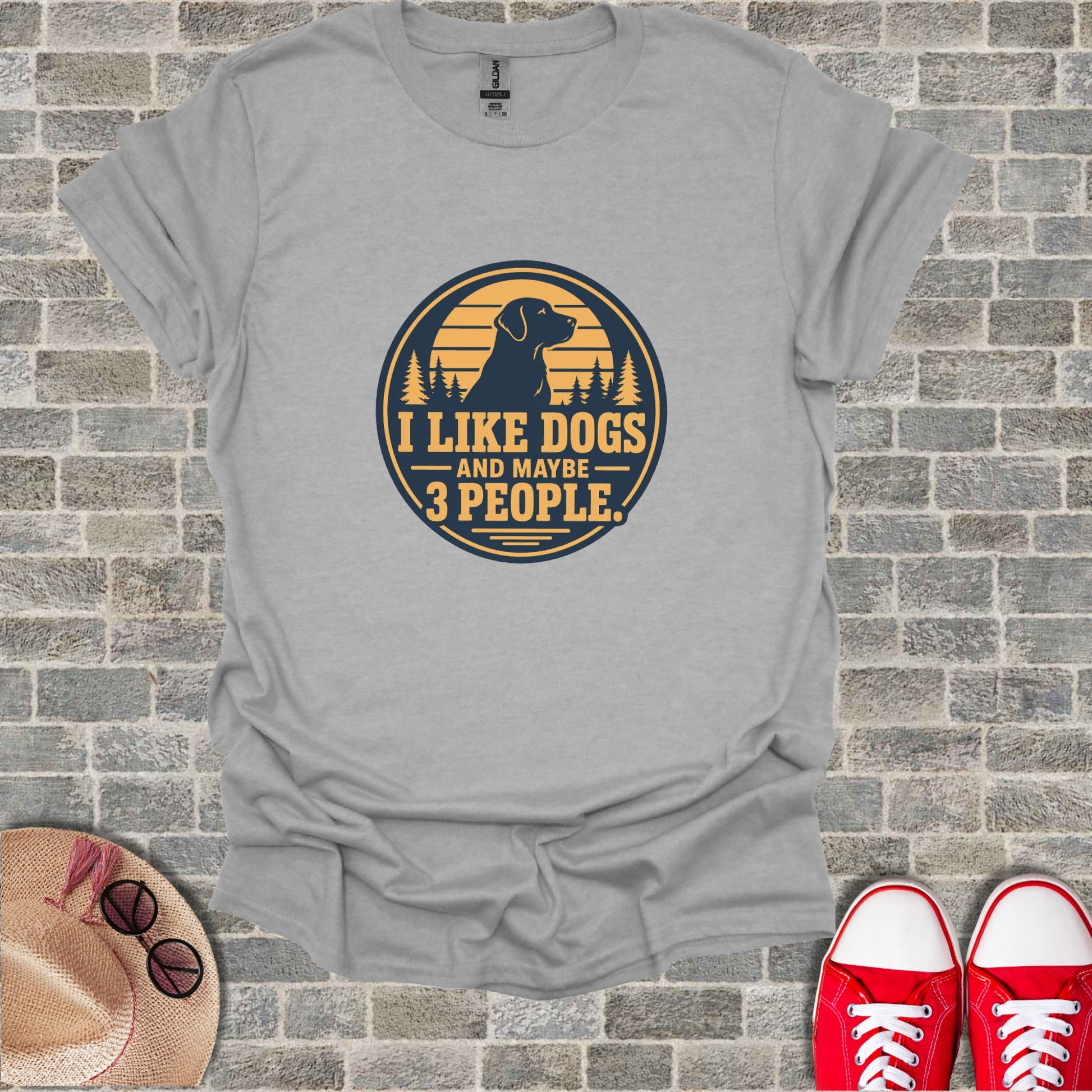 Gray t-shirt with "I Like Dogs And Maybe 3 People" text and dog silhouette.