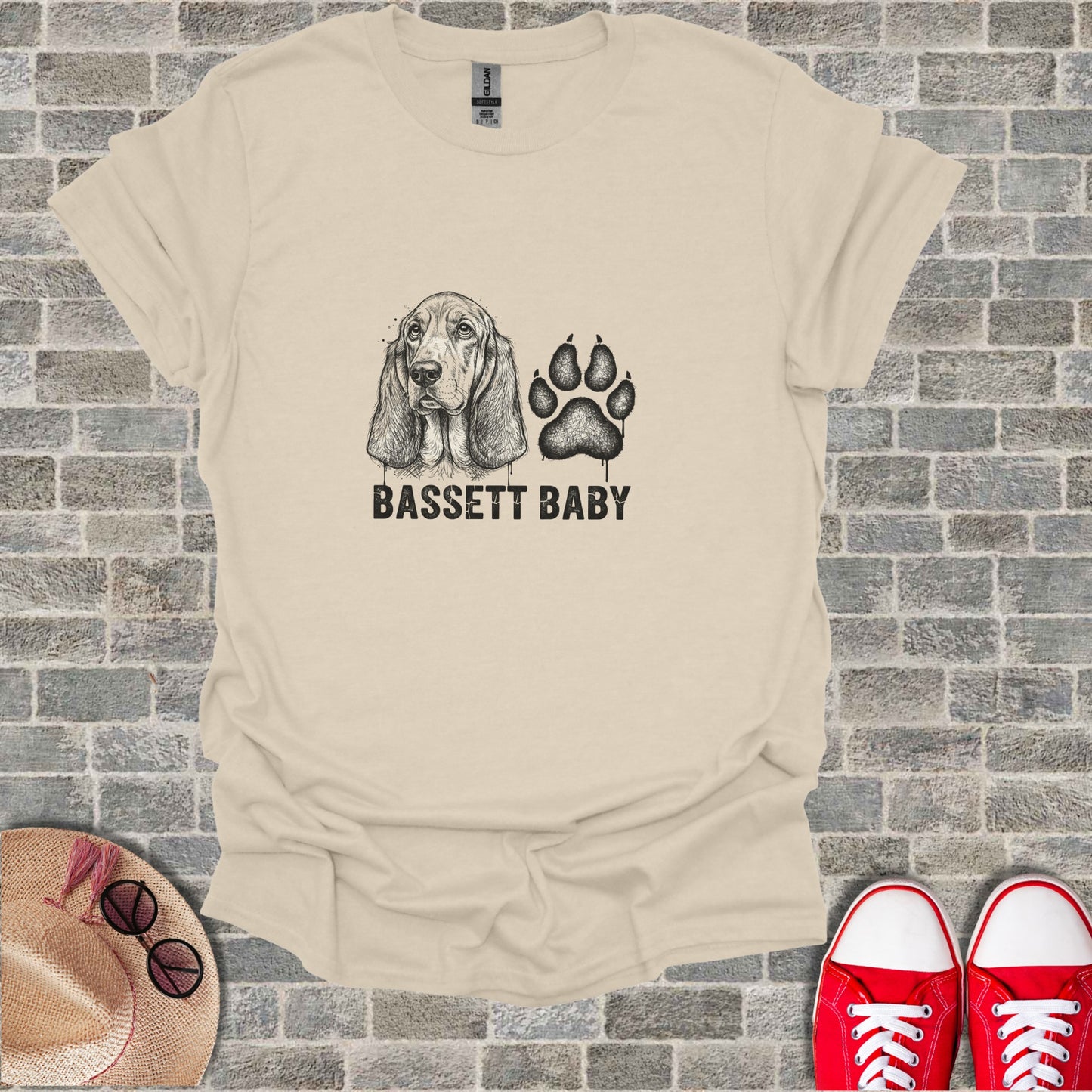 T-shirt with basset hound illustration and "BASSET BABY" text.