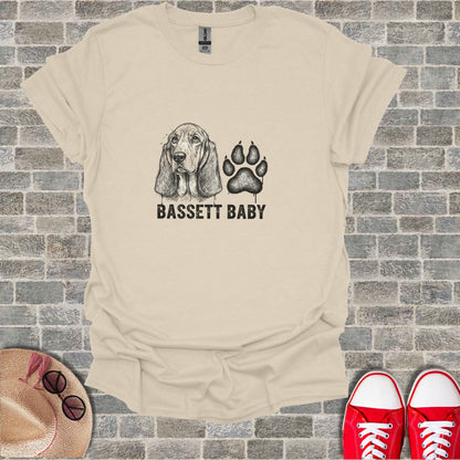 T-shirt with basset hound illustration and "BASSET BABY" text.