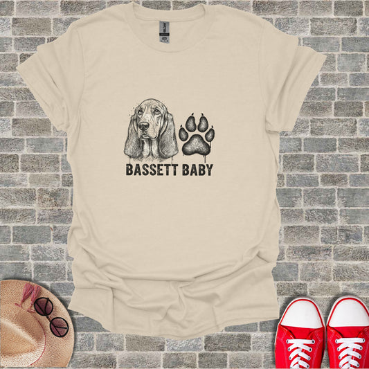 T-shirt with basset hound illustration and "BASSET BABY" text.