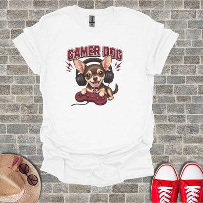 T-shirt with "Gamer Dog" graphic of a chihuahua wearing headphones and holding a video game controller.