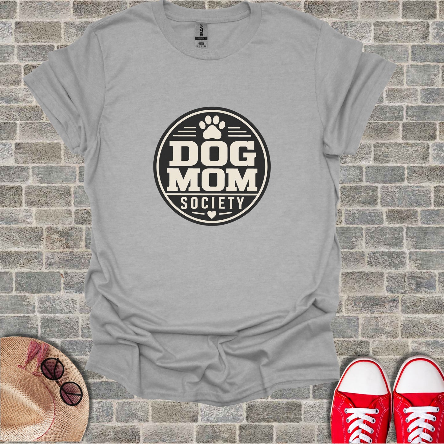 Grey t-shirt with "Dog Mom Society" in a circular emblem.