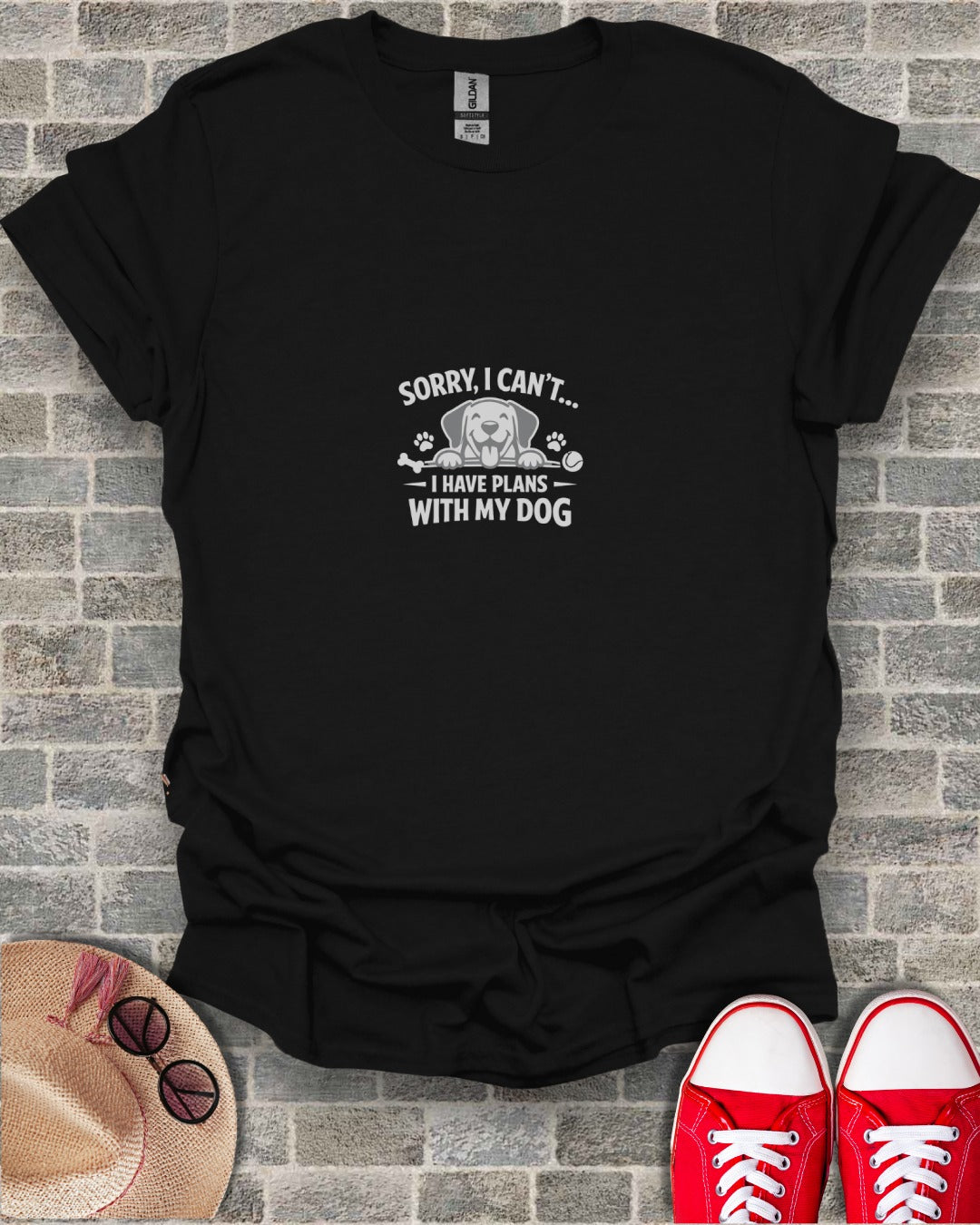 Black t-shirt with "Sorry, I Can't... I Have Plans With My Dog" text and dog graphic.