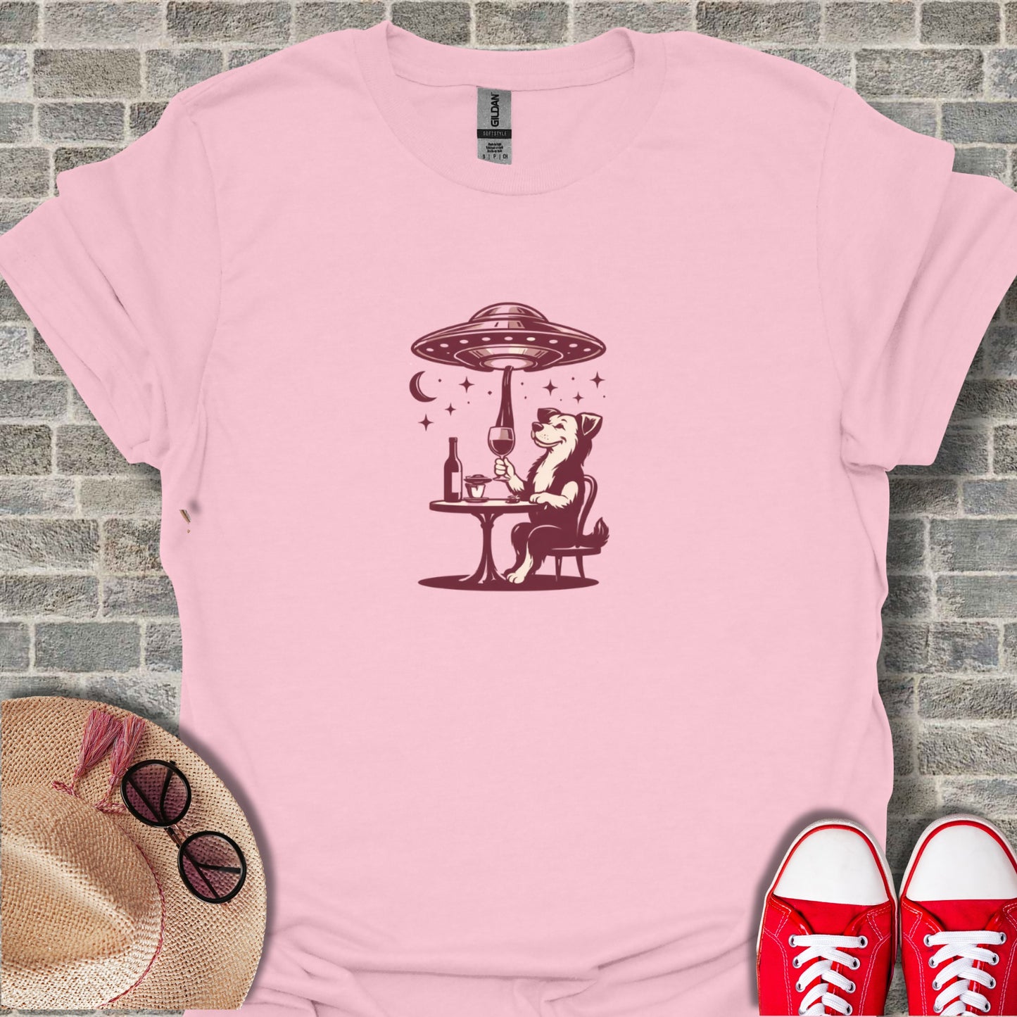 Alien Ufo Abducting Dog T-shirt with Wine Glass