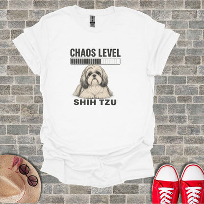 White t-shirt with a Shih Tzu graphic and "CHAOS LEVEL" loading bar.