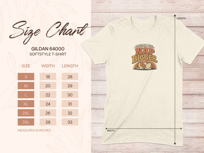 Gildan 64000 softstyle t-shirt size chart with nap bigger graphic.