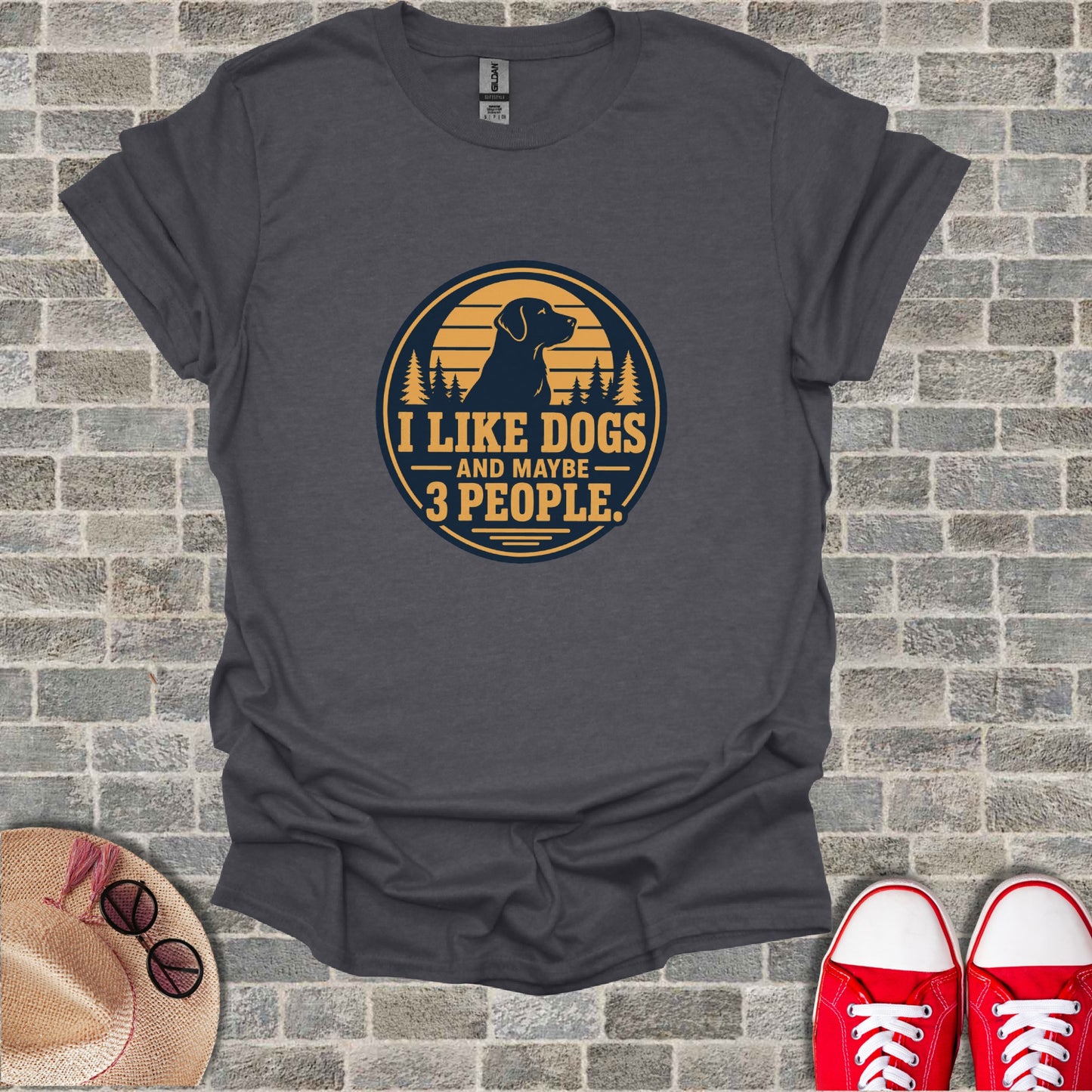 Dark grey t-shirt with "I like dogs and maybe 3 people" text and dog silhouette.