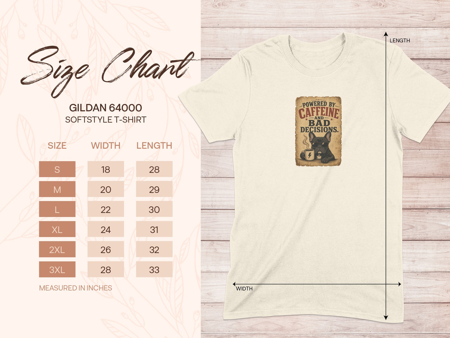 Gildan 64000 size chart for softstyle t-shirt with caffeine graphic.