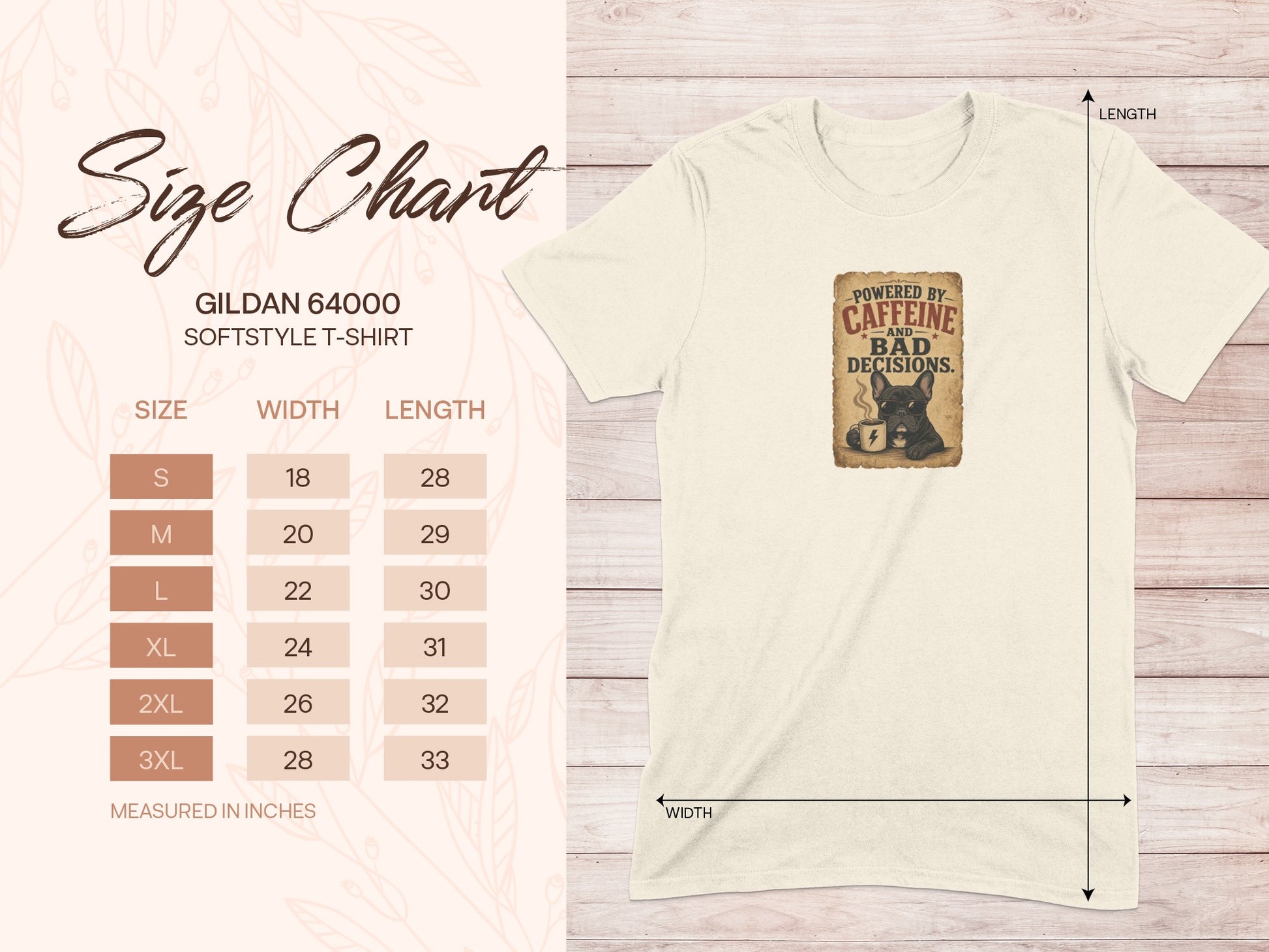 Gildan 64000 size chart for softstyle t-shirt with caffeine graphic.