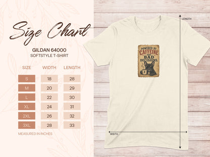 Gildan 64000 size chart for softstyle t-shirt with caffeine graphic.