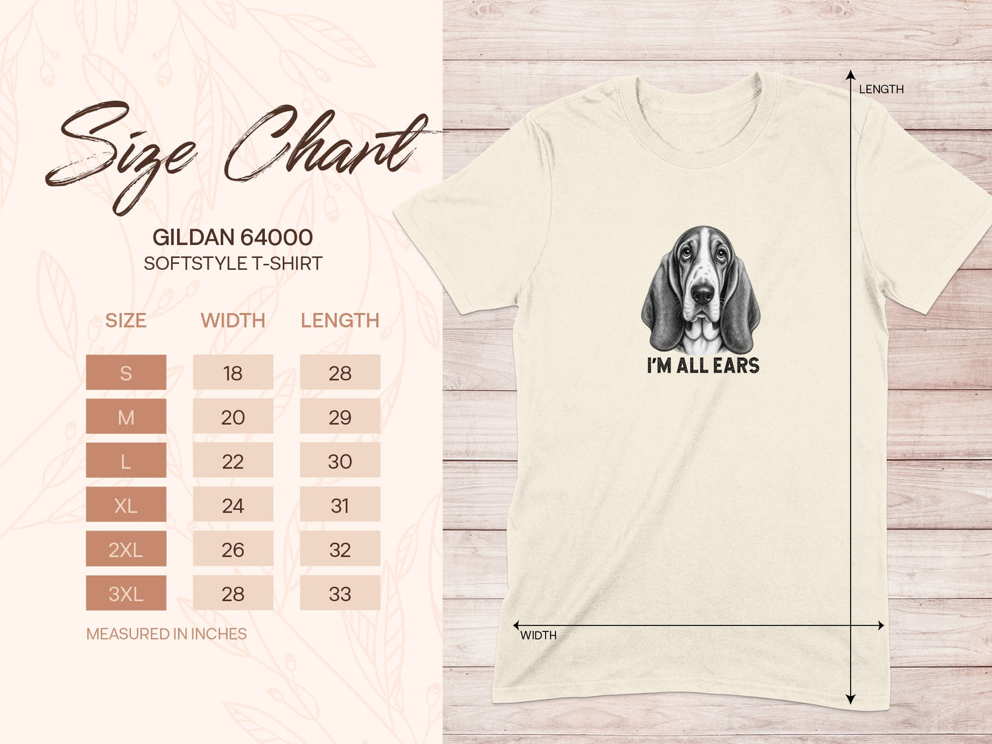 Gildan 64000 size chart for Softstyle t-shirts with measurements.