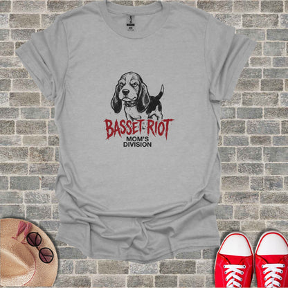 Gray t-shirt with "BASSET RIOT MOM'S DIVISION" text and a basset hound graphic.