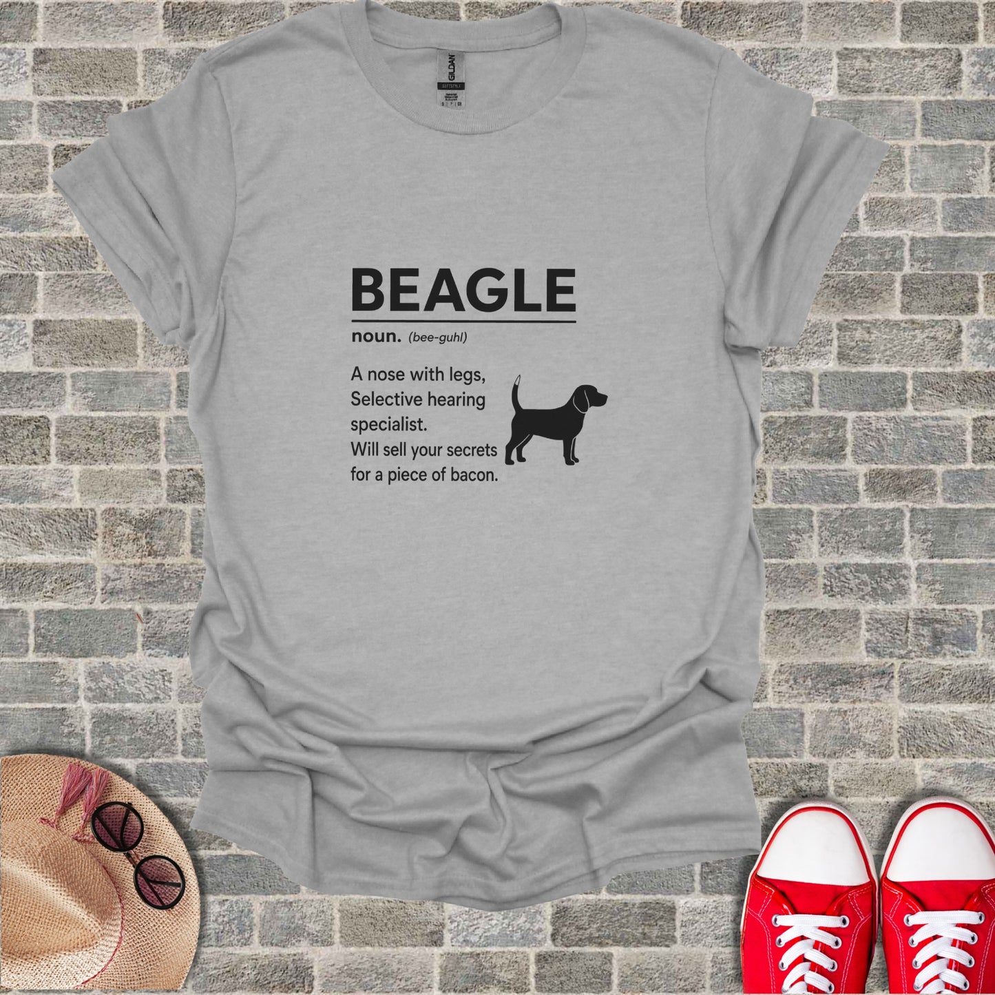 Gray t-shirt with "BEAGLE noun. (bee-guhl) A nose with legs, Selective hearing specialist. Will sell your secrets for a piece of bacon."