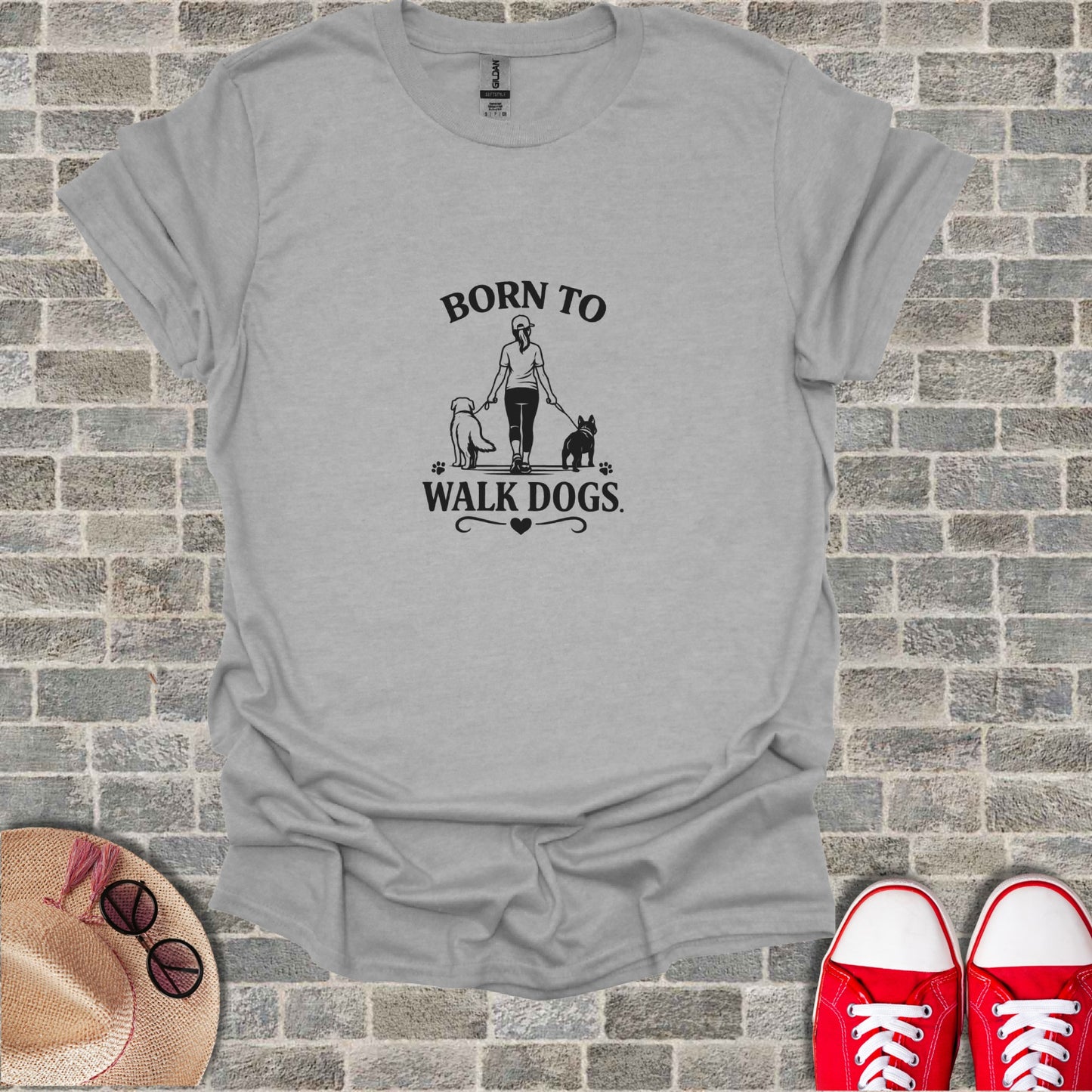 Grey t-shirt with "BORN TO WALK DOGS" and dog walker graphic.