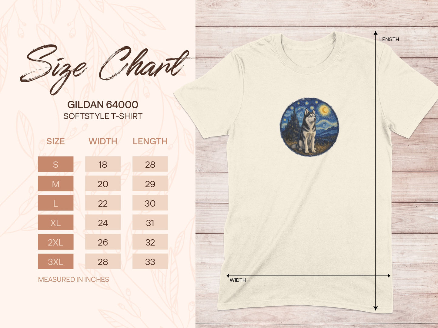 Gildan 64000 Softstyle T-Shirt size chart with measurements in inches.