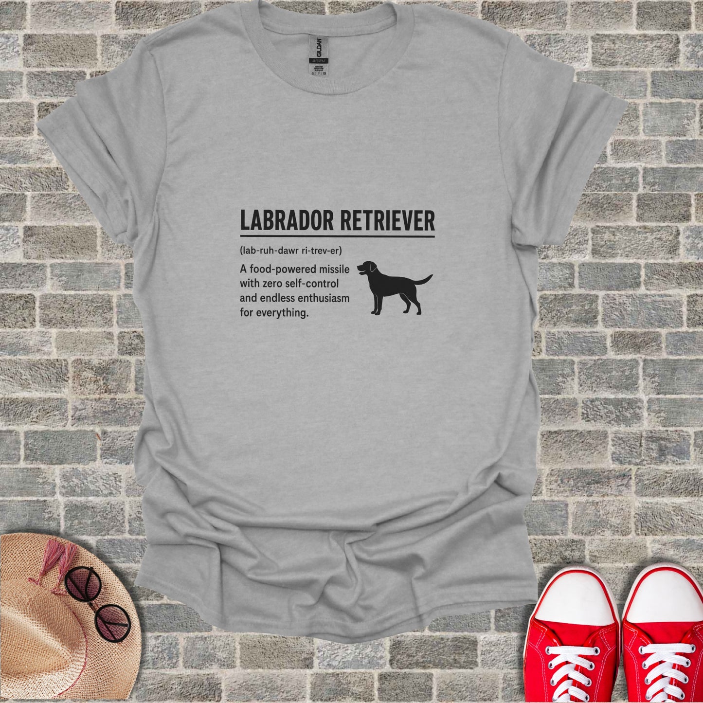 Gray t-shirt with Labrador Retriever text and illustration.