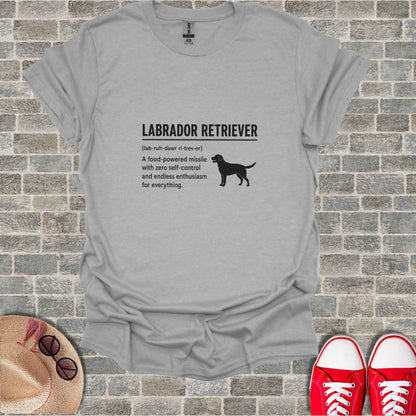 Gray t-shirt with Labrador Retriever text and illustration.