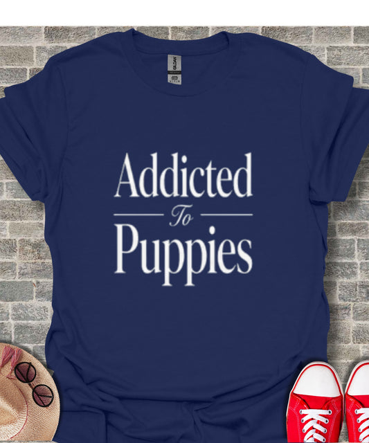 Navy t-shirt with "Addicted To Puppies" in white text.