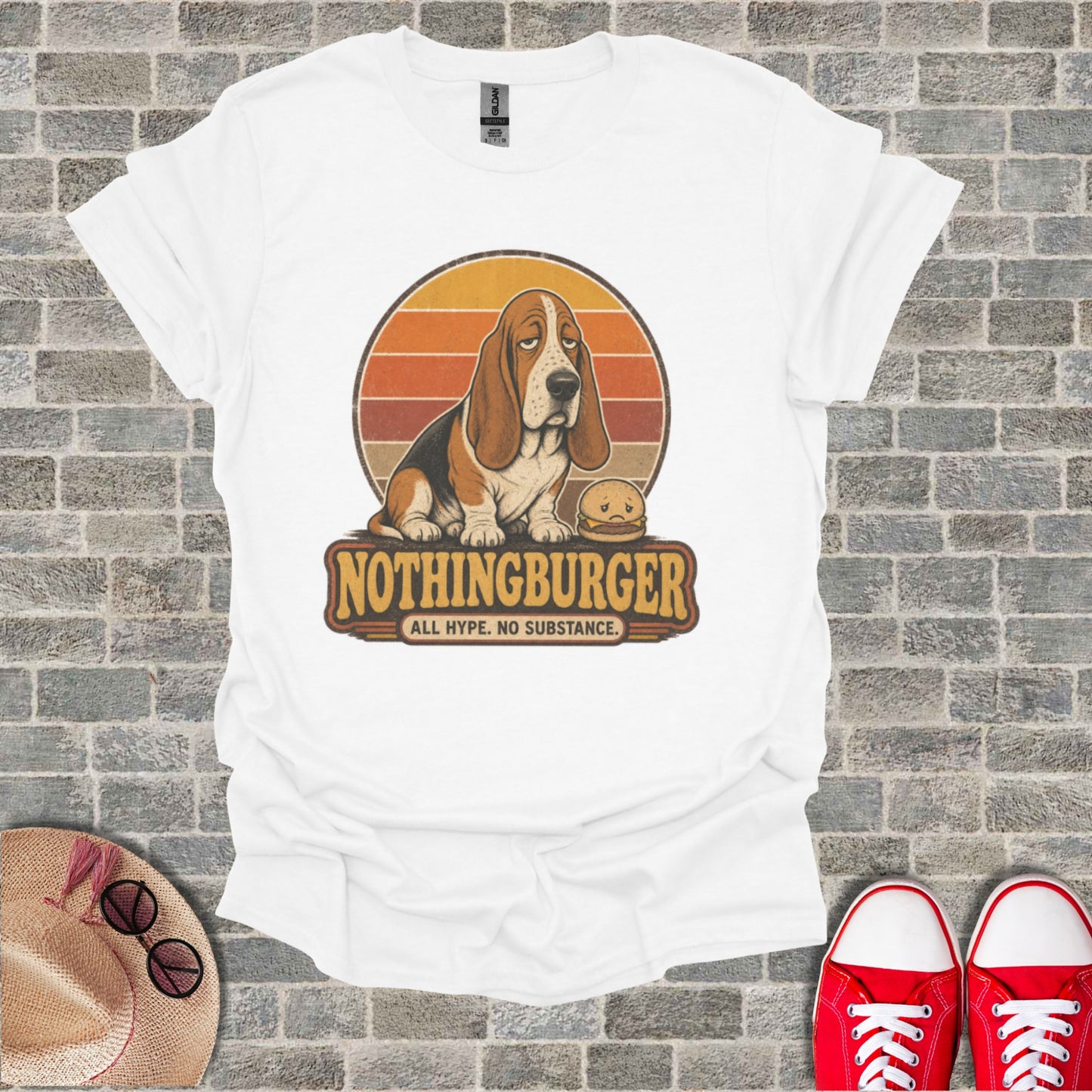 Basset hound sitting by a hamburger with "Nothingburger" text and sun logo.