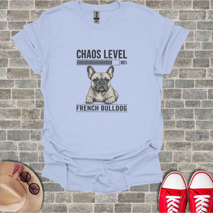Light blue t-shirt with a French Bulldog illustration and "CHAOS LEVEL 80% FRENCH BULLDOG".