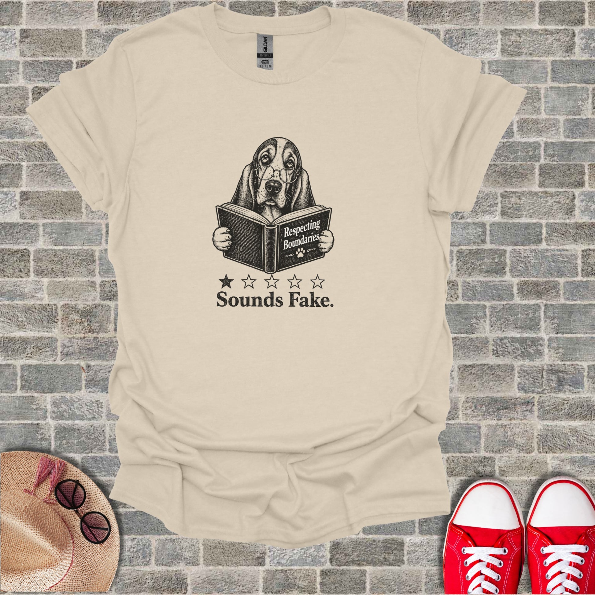 Basset hound wearing glasses reads book titled "Respecting Boundaries. Sounds Fake."