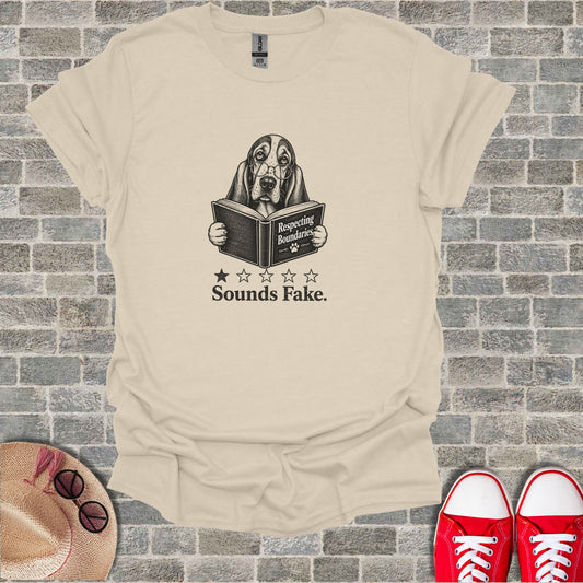 Basset hound wearing glasses reads book titled "Respecting Boundaries. Sounds Fake."