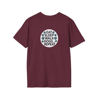Circular Dog Lover Graphic T-Shirt, Eat Sleep Walk Dogs Repeat Tee, Funny Puppy Paw Print Shirt, Bold Modern Typography Top, Playful Pet