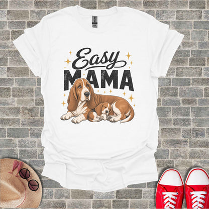 White t-shirt with "Easy Mama" text and basset hound dogs.