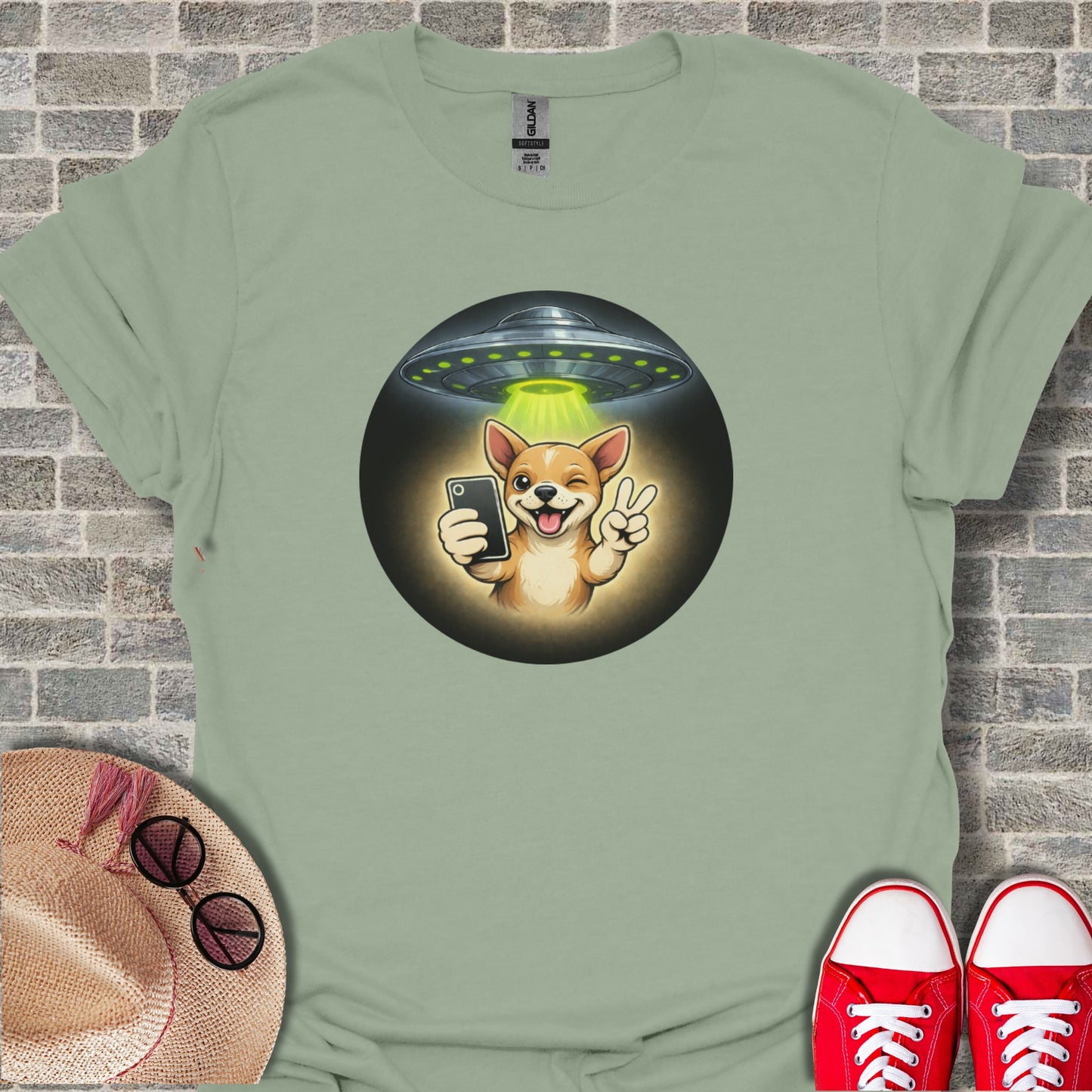 Alien UFO Abducting Dog Funny Graphic T-shirt Product