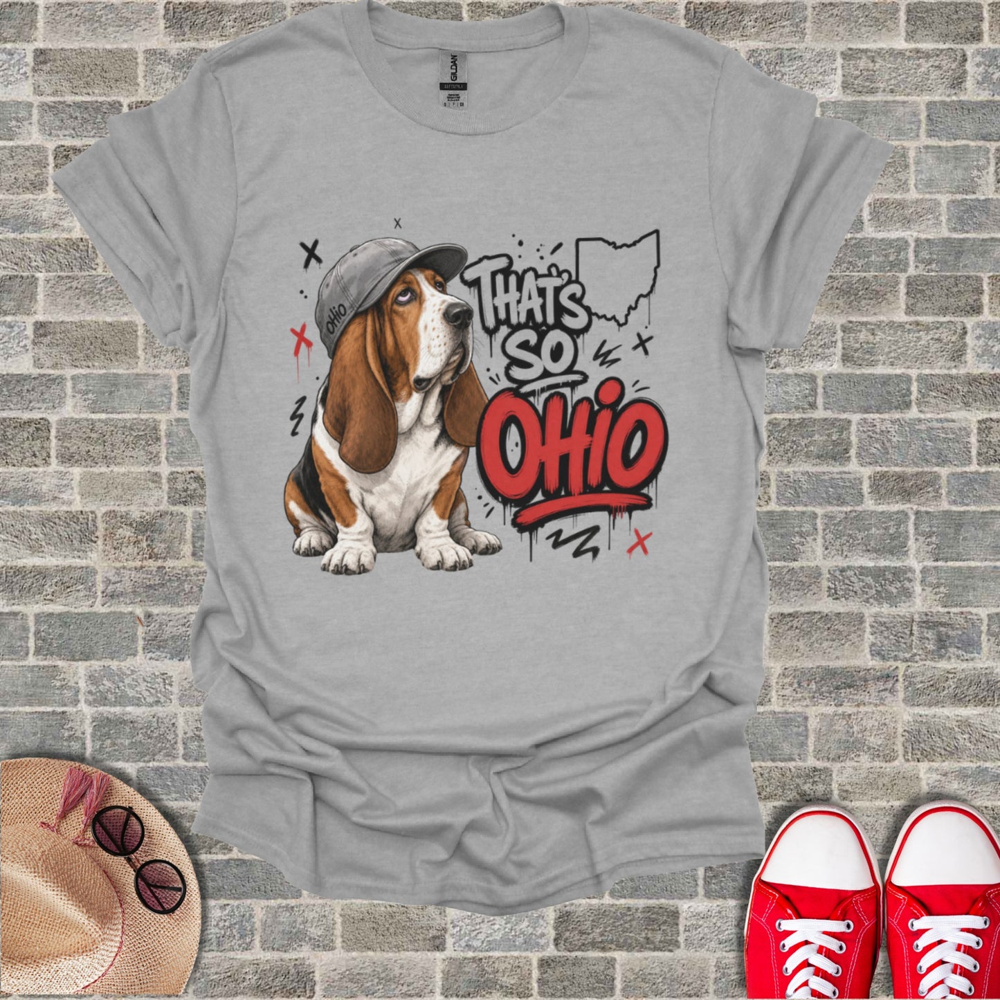 Basset hound wearing a hat and "That's So Ohio" text on a gray t-shirt.