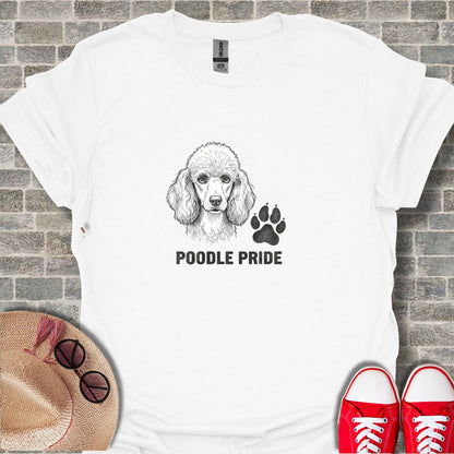 T-shirt with black and white poodle head and paw print graphic.
