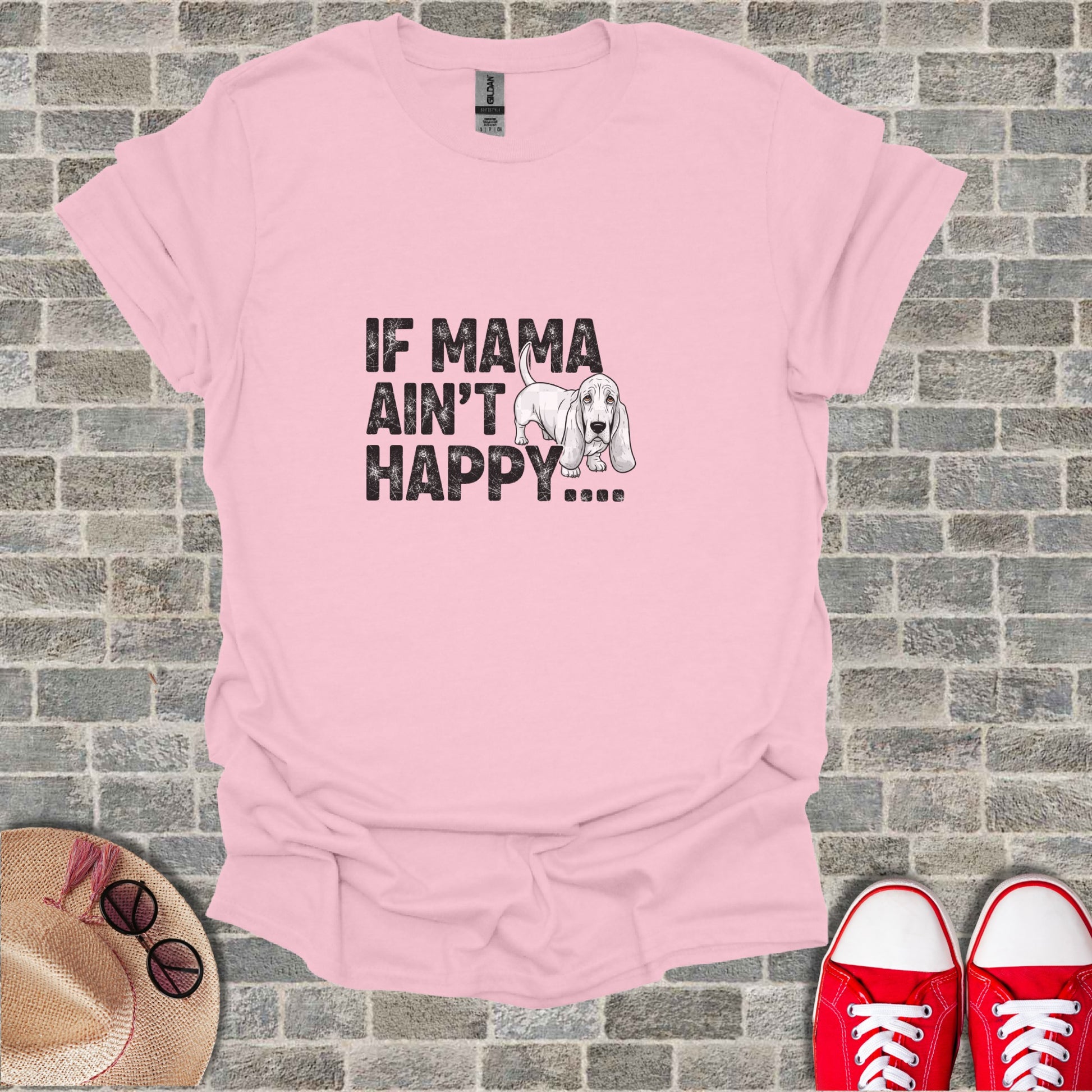 Pink t-shirt with "IF MAMA AIN'T HAPPY..." text and basset hound graphic.